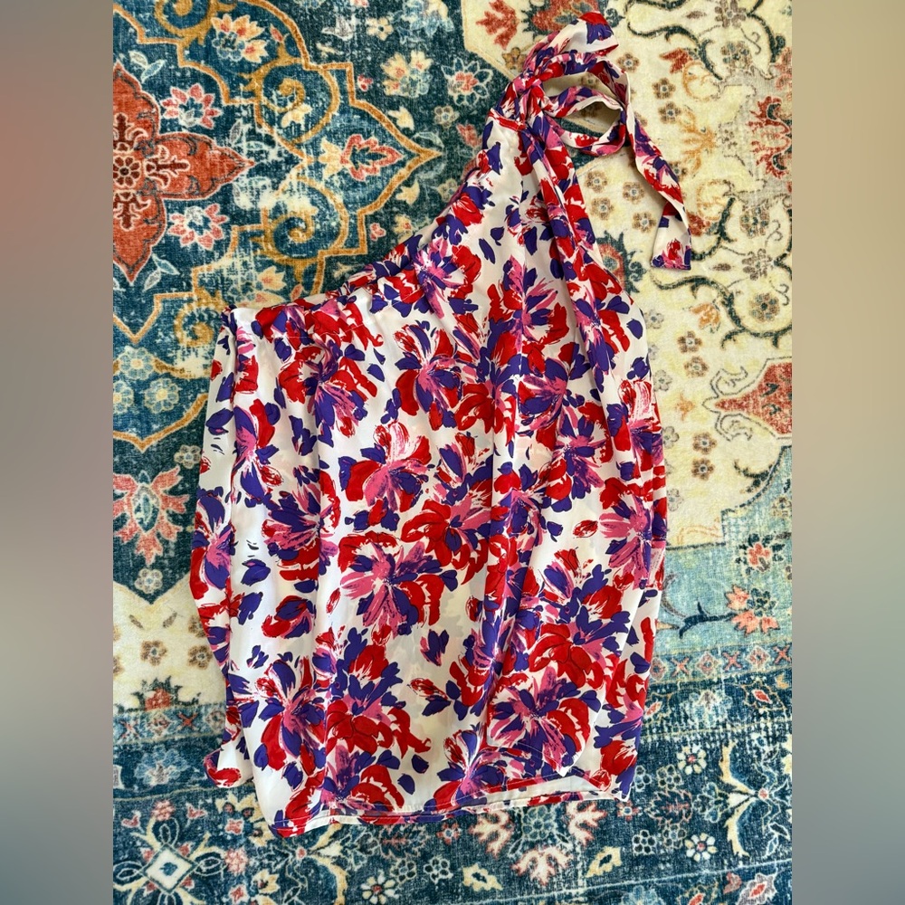 250 BiBi One Shoulder Floral Top S Red Purple Tie Strap Asymmetrical Summer - Picture 3 of 5
